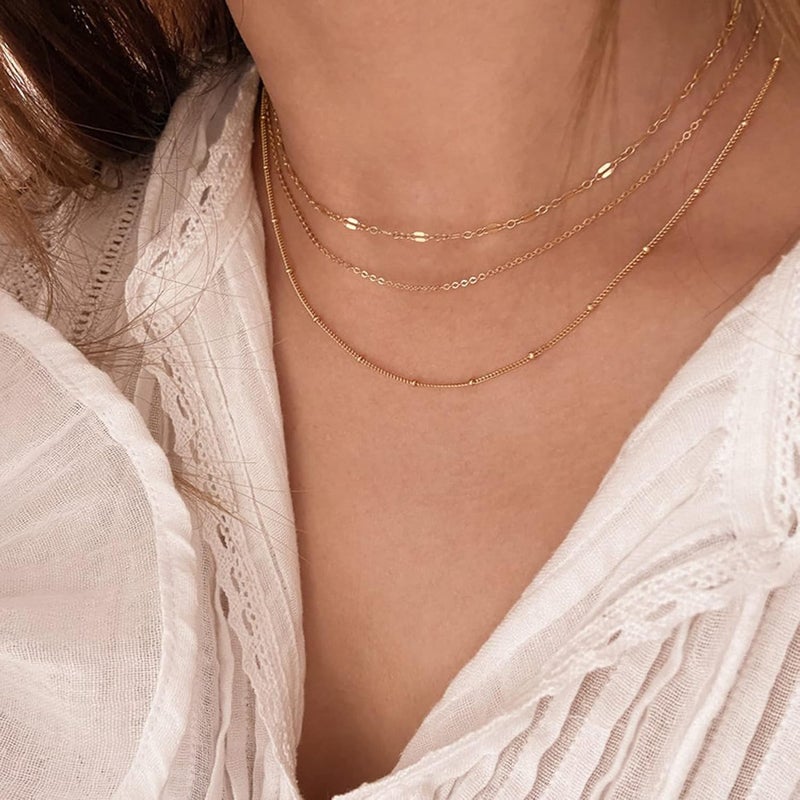 Tewiky Gold Chain Necklace for Women, 14k Gold Plated Thin Beaded Wave Box Chain Necklace Dainty Gold Necklace Simple Layered Gold Choker Necklaces Minimalist Gold Link Chain Necklace Trendy Jewelry for Women - Image 4